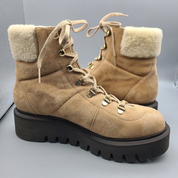 Stuart Weitzman combat boots Chalet lug tan Suede faux fur lace up sz 8 new - Picture 2 of 7